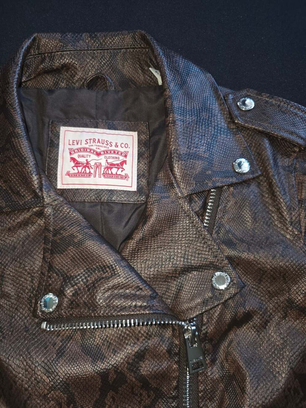 Levi's Faux Leather Moto Jacket Size XS Brown Python Snake Print Biker